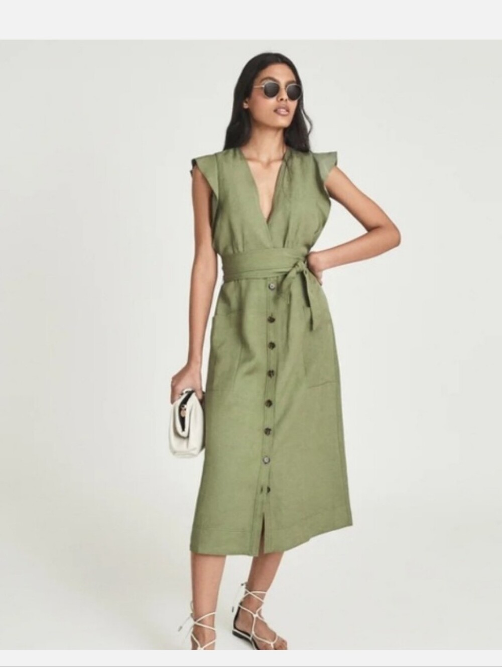 Reiss Olive Green Button-Front Midi Dress - Picture 3 of 12